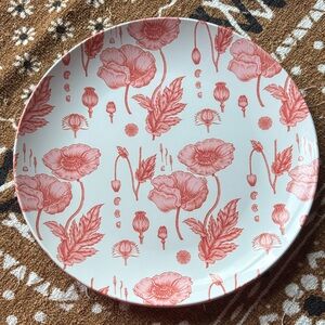 White Background with Red Floral Toile Print Melamine Dinner Plate